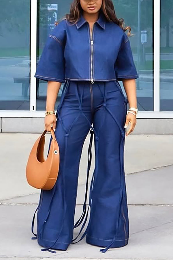 Unique Denim Jacket & Tied Wide Leg Jeans Set
