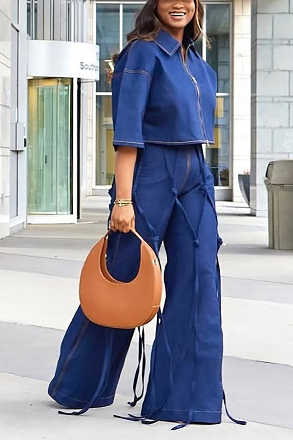 Unique Denim Jacket & Tied Wide Leg Jeans Set