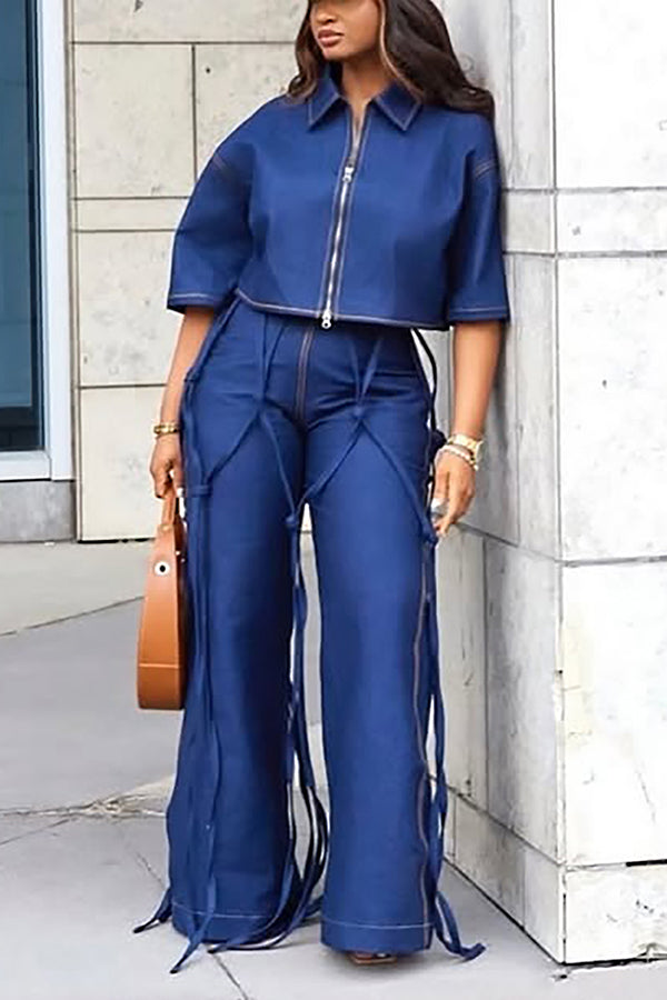 Unique Denim Jacket & Tied Wide Leg Jeans Set