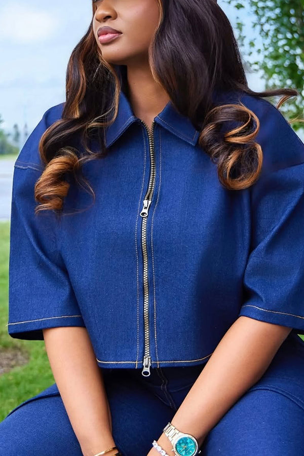 Unique Denim Jacket & Tied Wide Leg Jeans Set