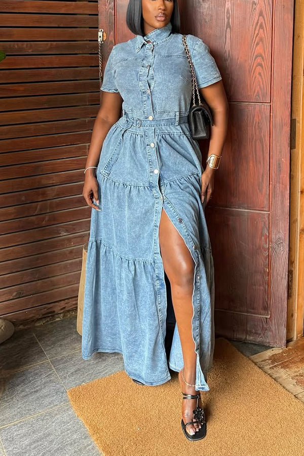 Stylish Single Breasted Ruffled Denim Maxi Dress