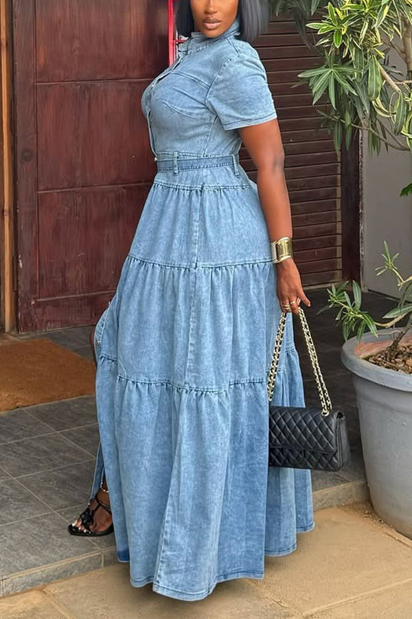 Stylish Single Breasted Ruffled Denim Maxi Dress
