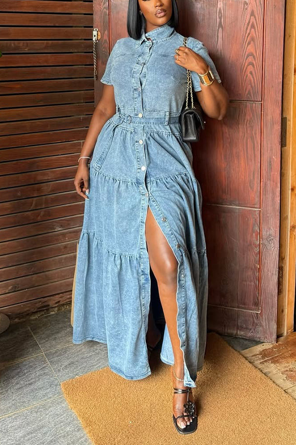 Stylish Single Breasted Ruffled Denim Maxi Dress