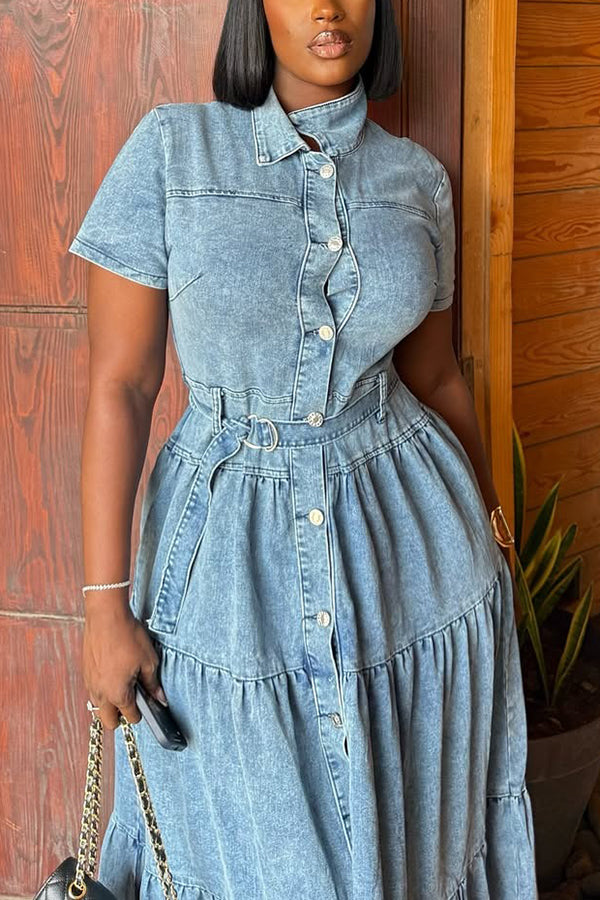 Stylish Single Breasted Ruffled Denim Maxi Dress