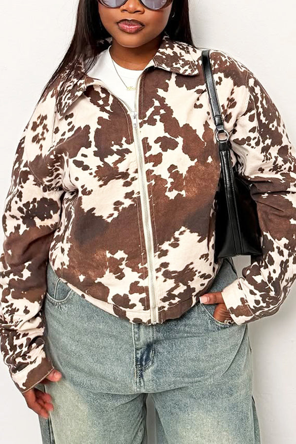 Vintage Suede Printed Lapel Zipper Jacket