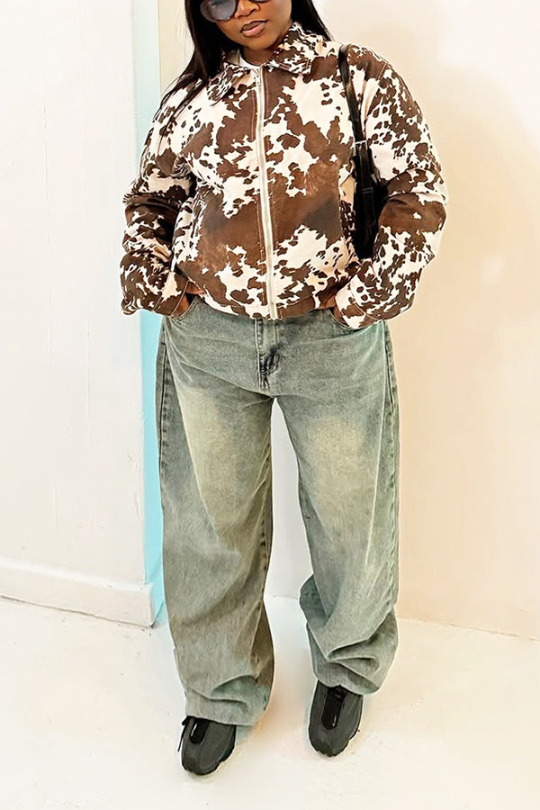 Vintage Suede Printed Lapel Zipper Jacket