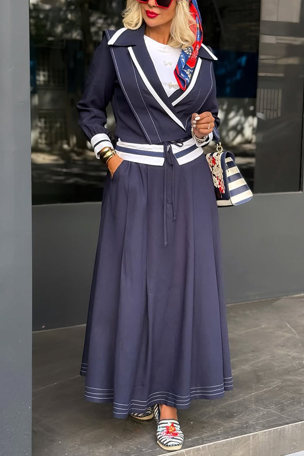 Stylish Color Block Top & Cuffed Waist Skirt Set