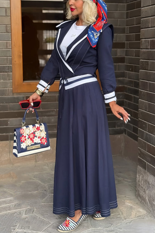Stylish Color Block Top & Cuffed Waist Skirt Set
