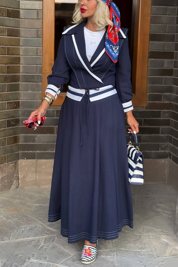 Stylish Color Block Top & Cuffed Waist Skirt Set