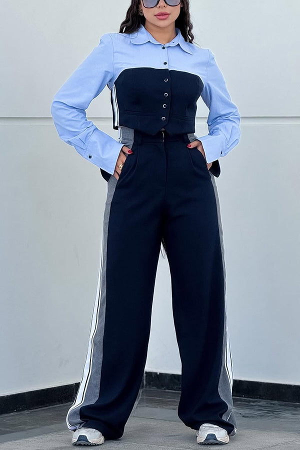 Stylish Color Block Shirt & Wide Leg Pants Set