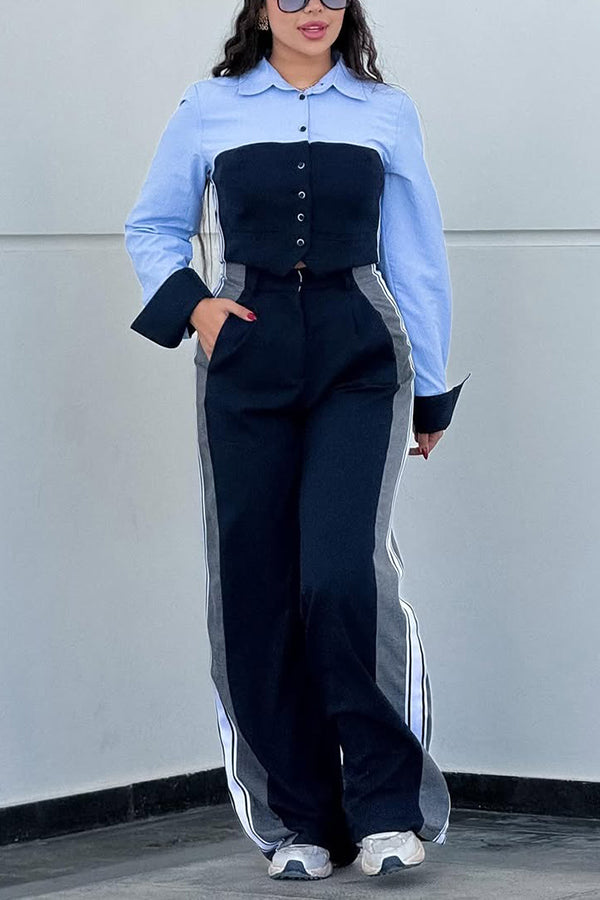 Stylish Color Block Shirt & Wide Leg Pants Set