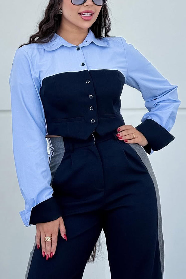 Stylish Color Block Shirt & Wide Leg Pants Set