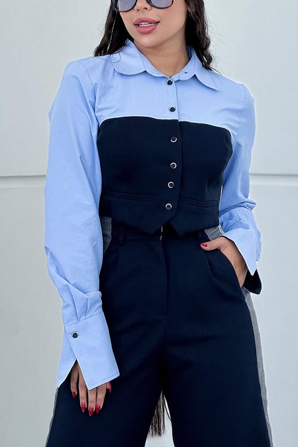 Stylish Color Block Shirt & Wide Leg Pants Set