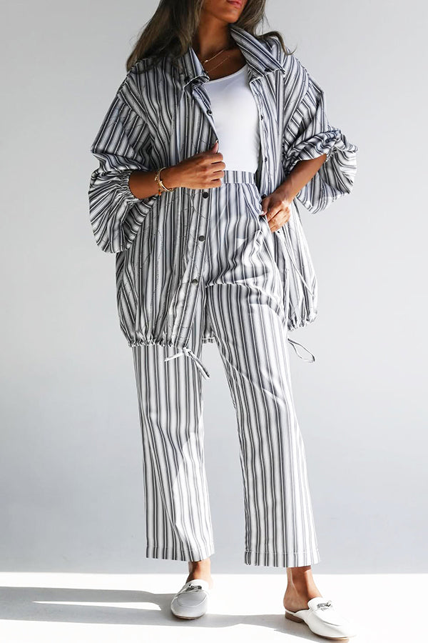 Chic Striped Drawstring Shirt & Straight Pants Set