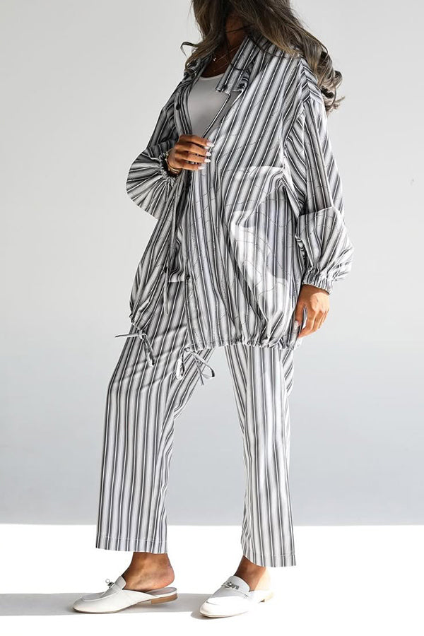 Chic Striped Drawstring Shirt & Straight Pants Set