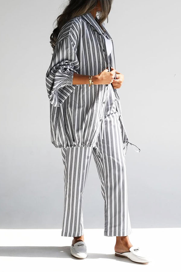 Chic Striped Drawstring Shirt & Straight Pants Set
