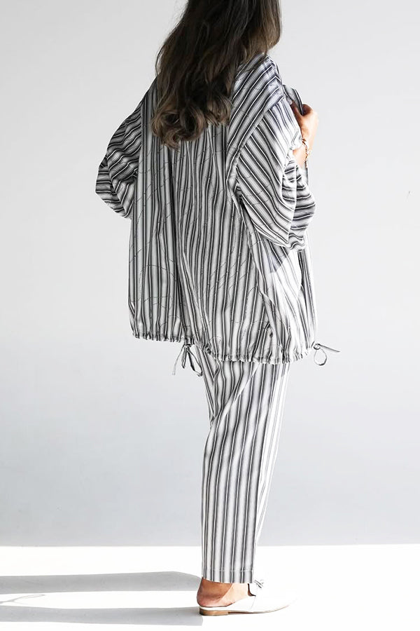 Chic Striped Drawstring Shirt & Straight Pants Set