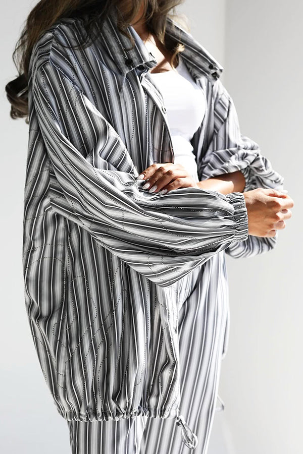 Chic Striped Drawstring Shirt & Straight Pants Set