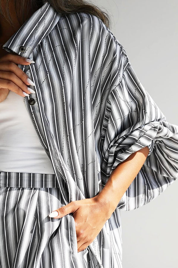 Chic Striped Drawstring Shirt & Straight Pants Set