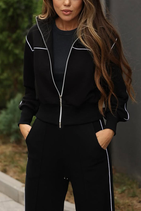 Sporty Zipper Jacket & High Waist Pants Set