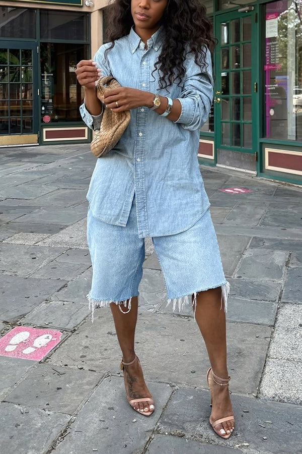Casual Long Sleeve Denim Shirt & Frayed Denim Shorts Set