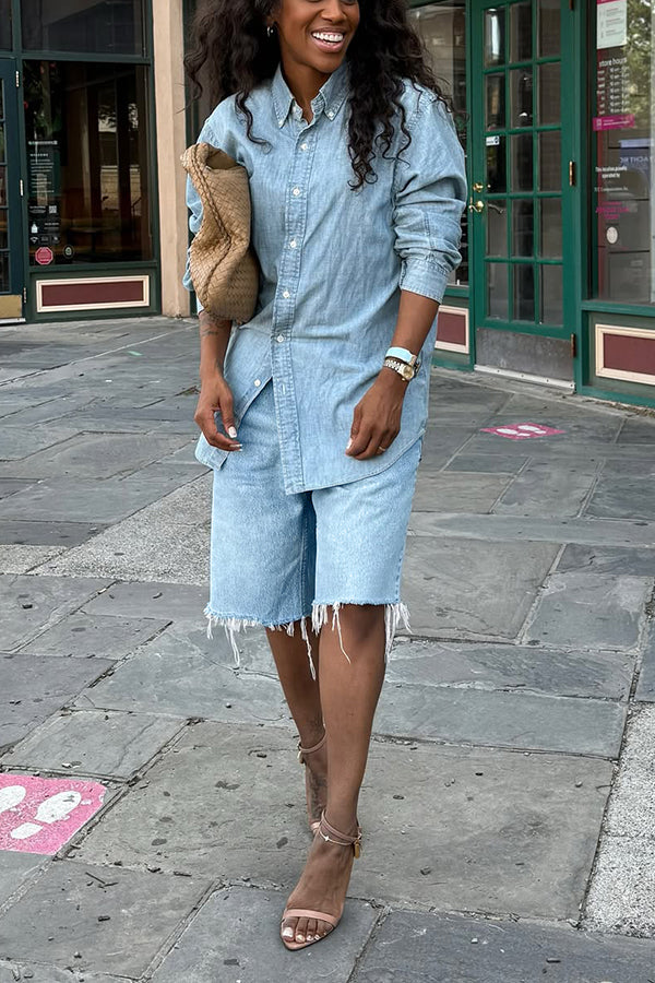 Casual Long Sleeve Denim Shirt & Frayed Denim Shorts Set