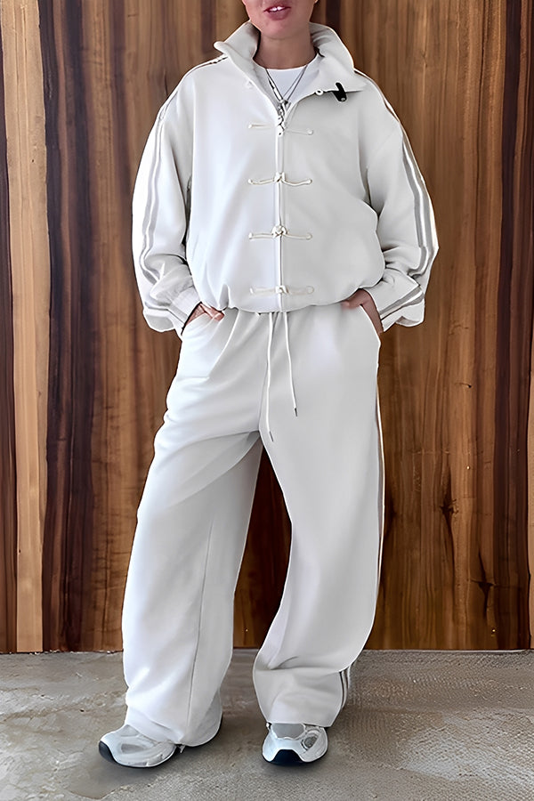 Sports Buttoned Webbing Top & Drawstring Sweatpants Set