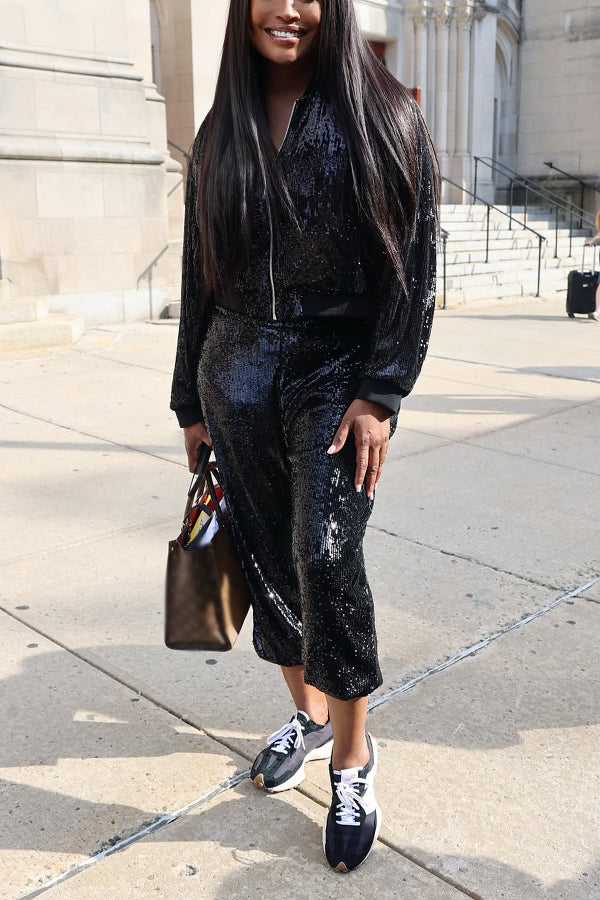 Fashionable Sequin Jacket & Ankle Pants Set