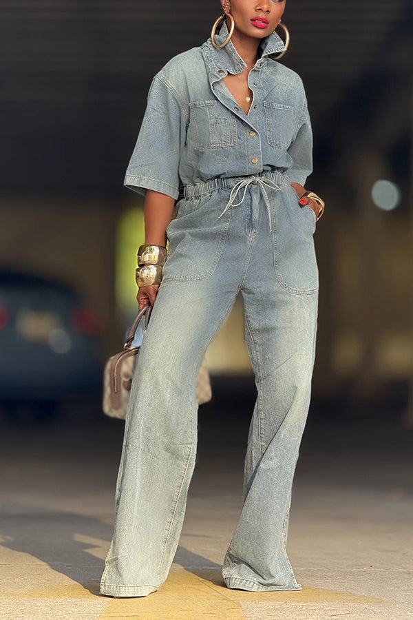 Street Style Elastic Waist Wide Leg Denim Jumpsuit