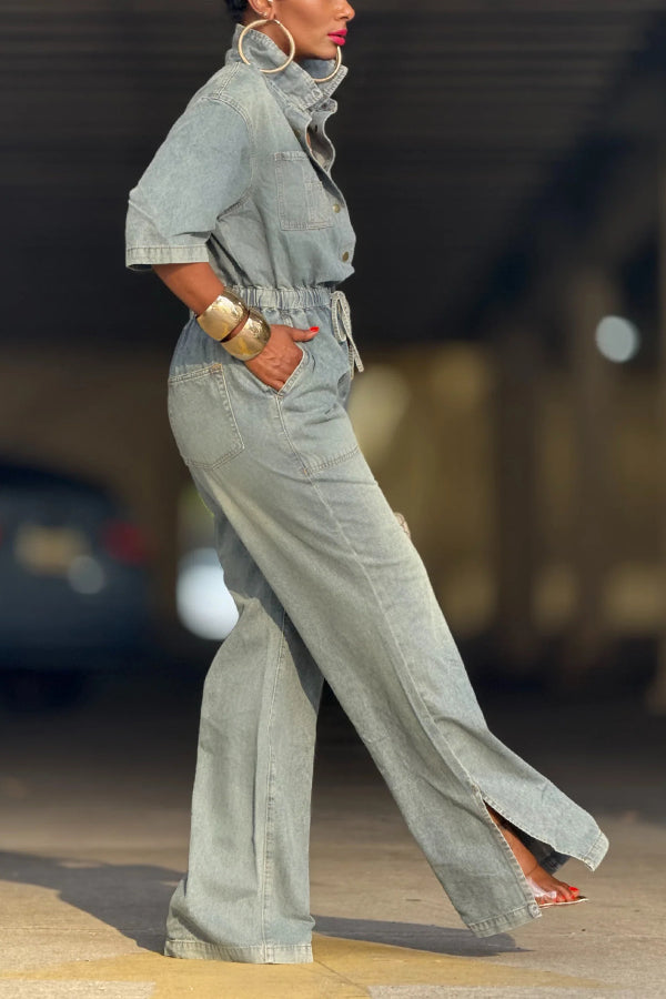 Street Style Elastic Waist Wide Leg Denim Jumpsuit