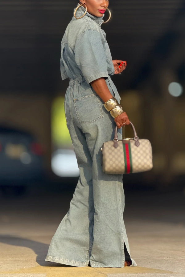 Street Style Elastic Waist Wide Leg Denim Jumpsuit