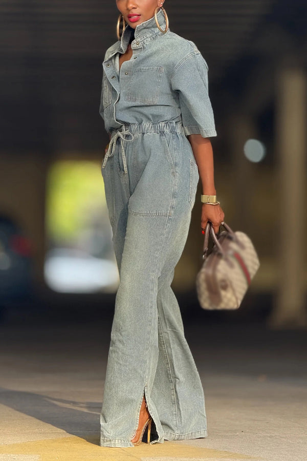 Street Style Elastic Waist Wide Leg Denim Jumpsuit