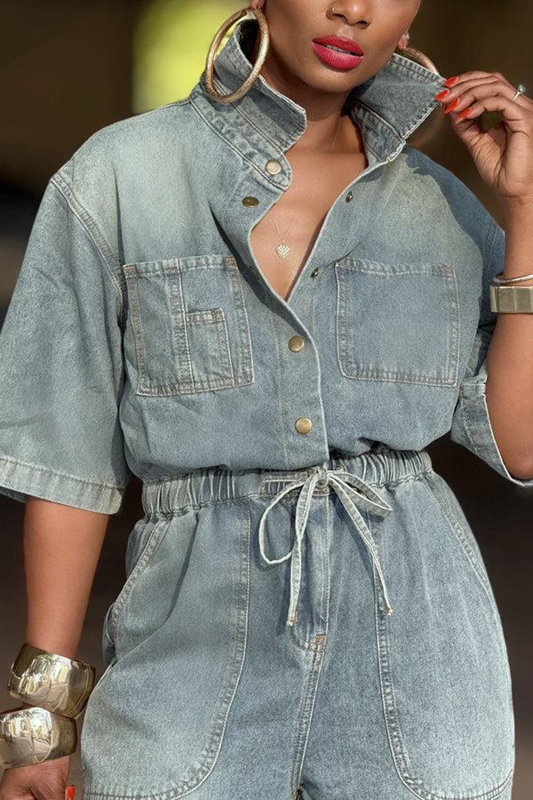 Street Style Elastic Waist Wide Leg Denim Jumpsuit