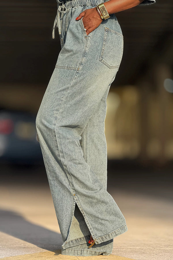 Street Style Elastic Waist Wide Leg Denim Jumpsuit