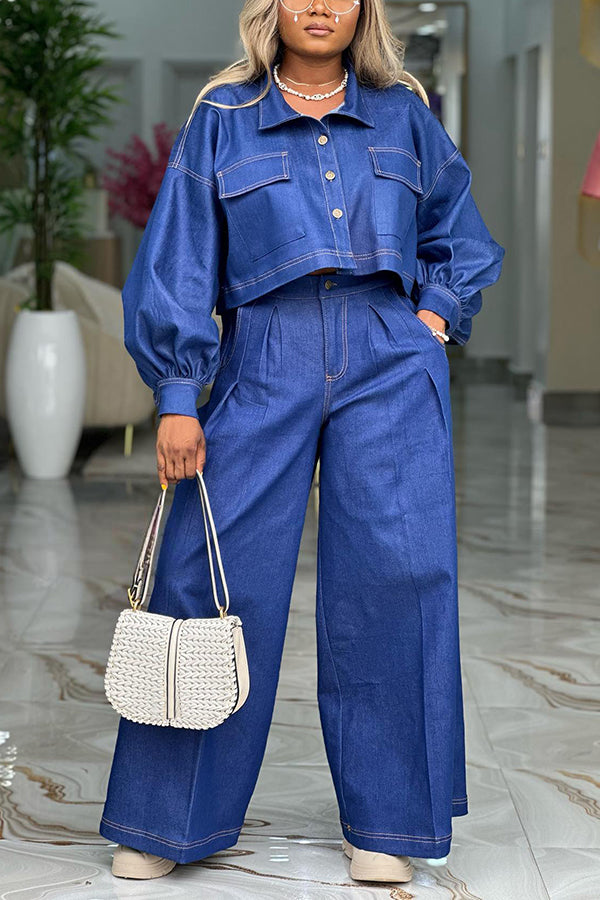Smart Denim Jacket & Pleated Wide Leg Pants Set