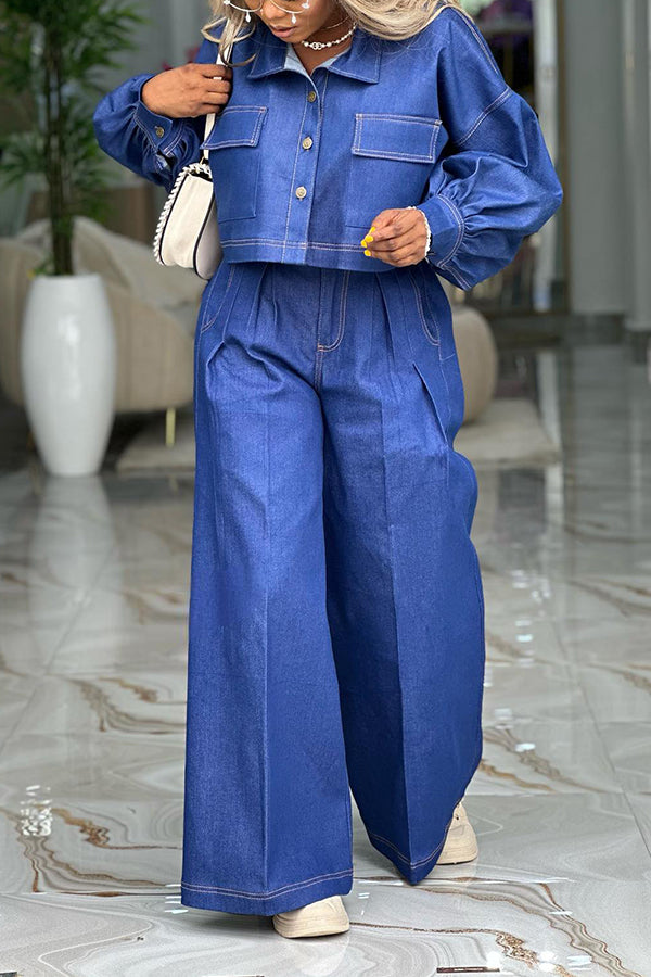Smart Denim Jacket & Pleated Wide Leg Pants Set