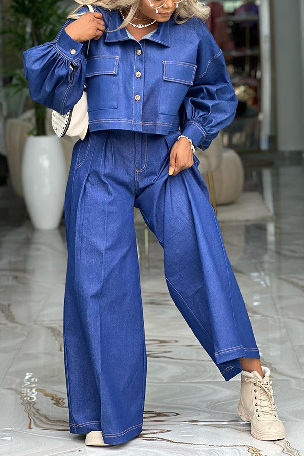 Smart Denim Jacket & Pleated Wide Leg Pants Set