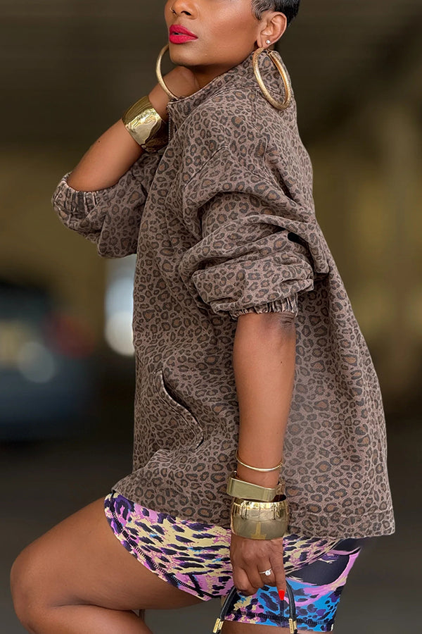 Fashionable Leopard Print Half Zip Pullover