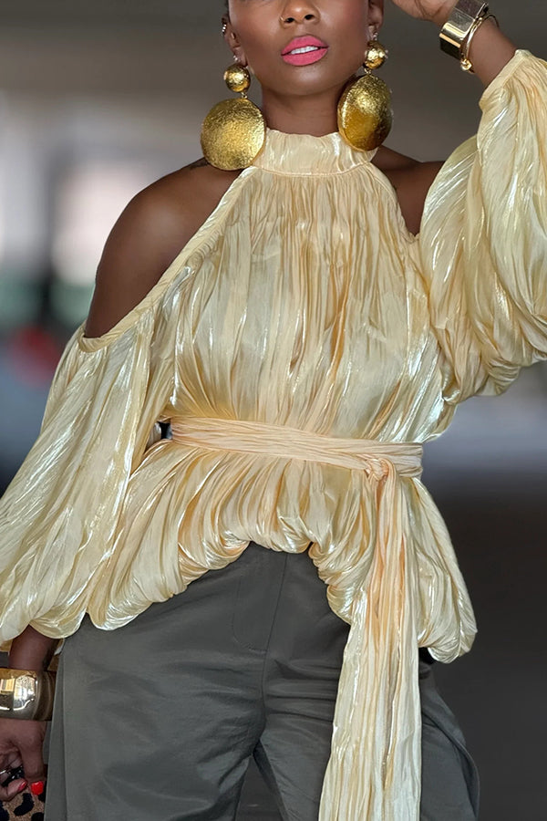 Fashionable Cold Shoulder Balloon Sleeve Belted Top