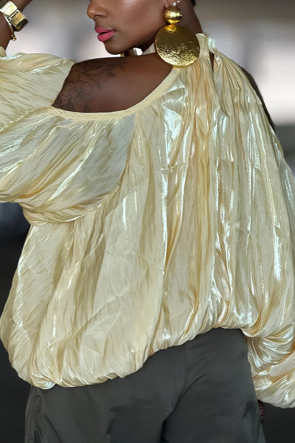 Fashionable Cold Shoulder Balloon Sleeve Belted Top