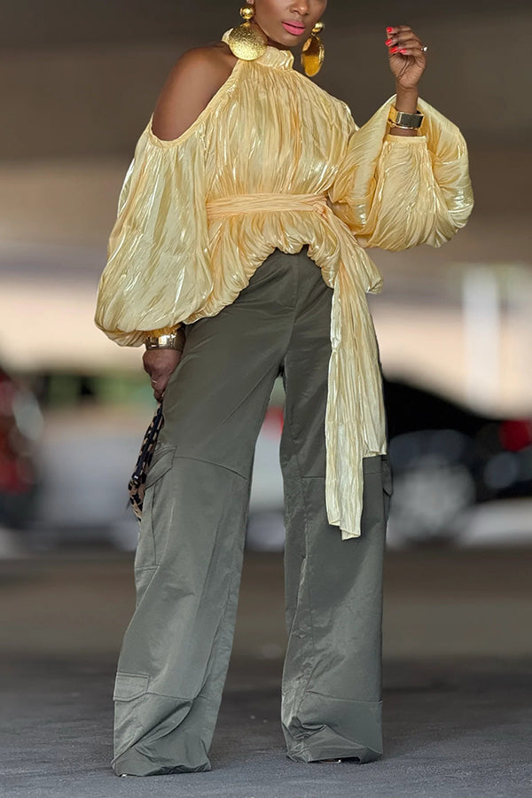 Fashionable Cold Shoulder Balloon Sleeve Belted Top