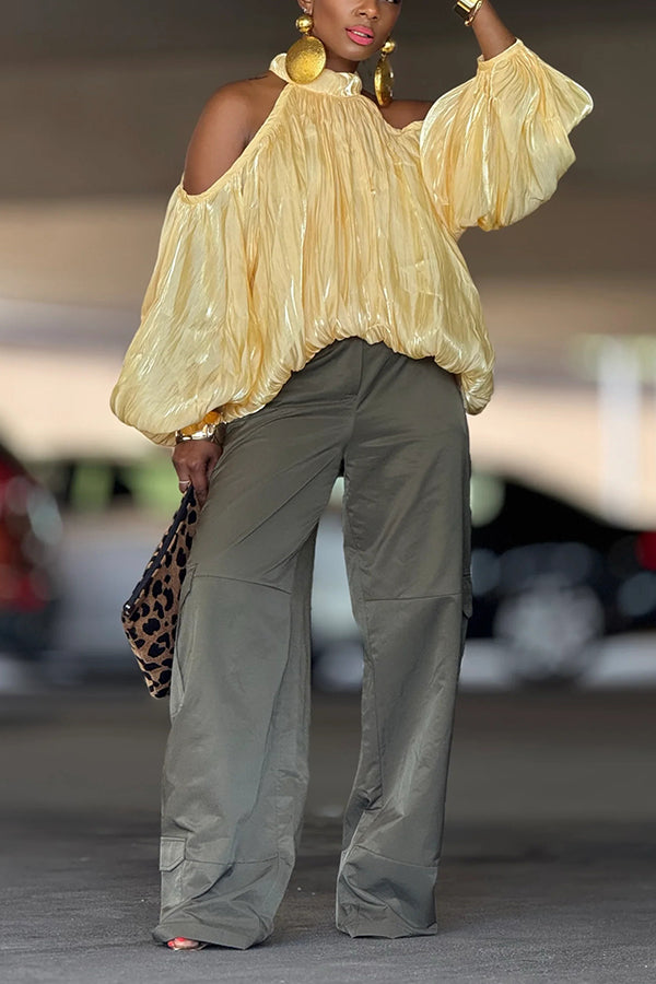Fashionable Cold Shoulder Balloon Sleeve Belted Top