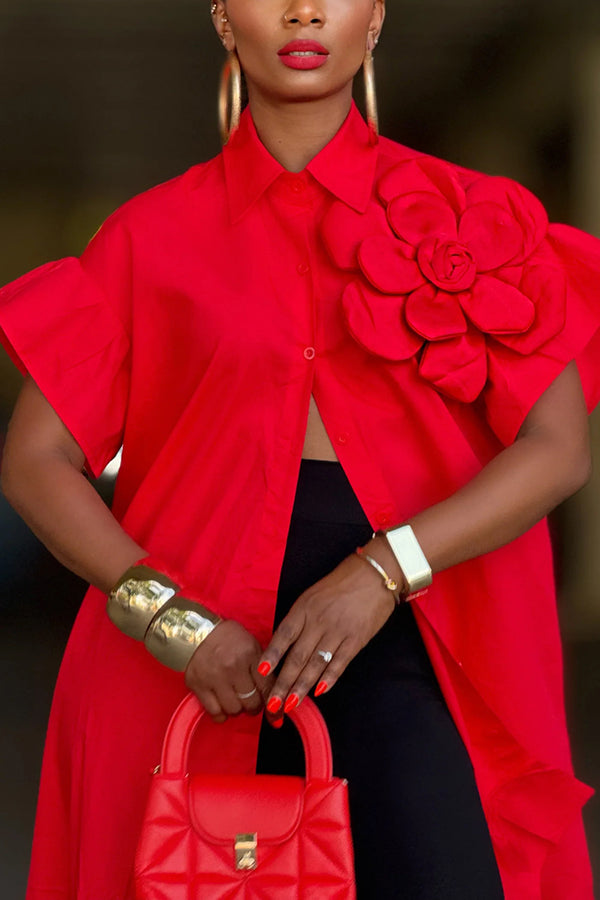 Fashionable 3D Flower Ruffle Long Shirt