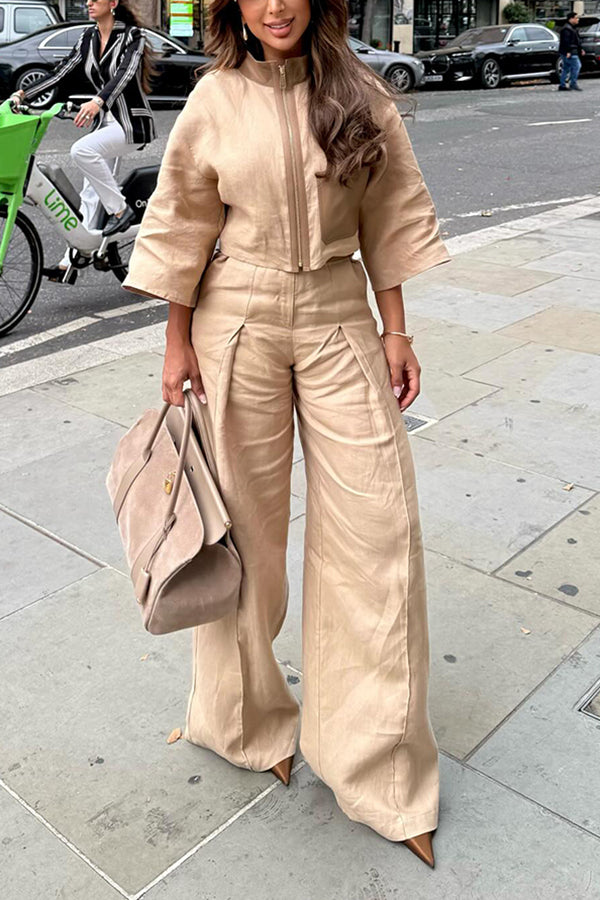 Smart Color Block Jacket & Wide Leg Pants Set