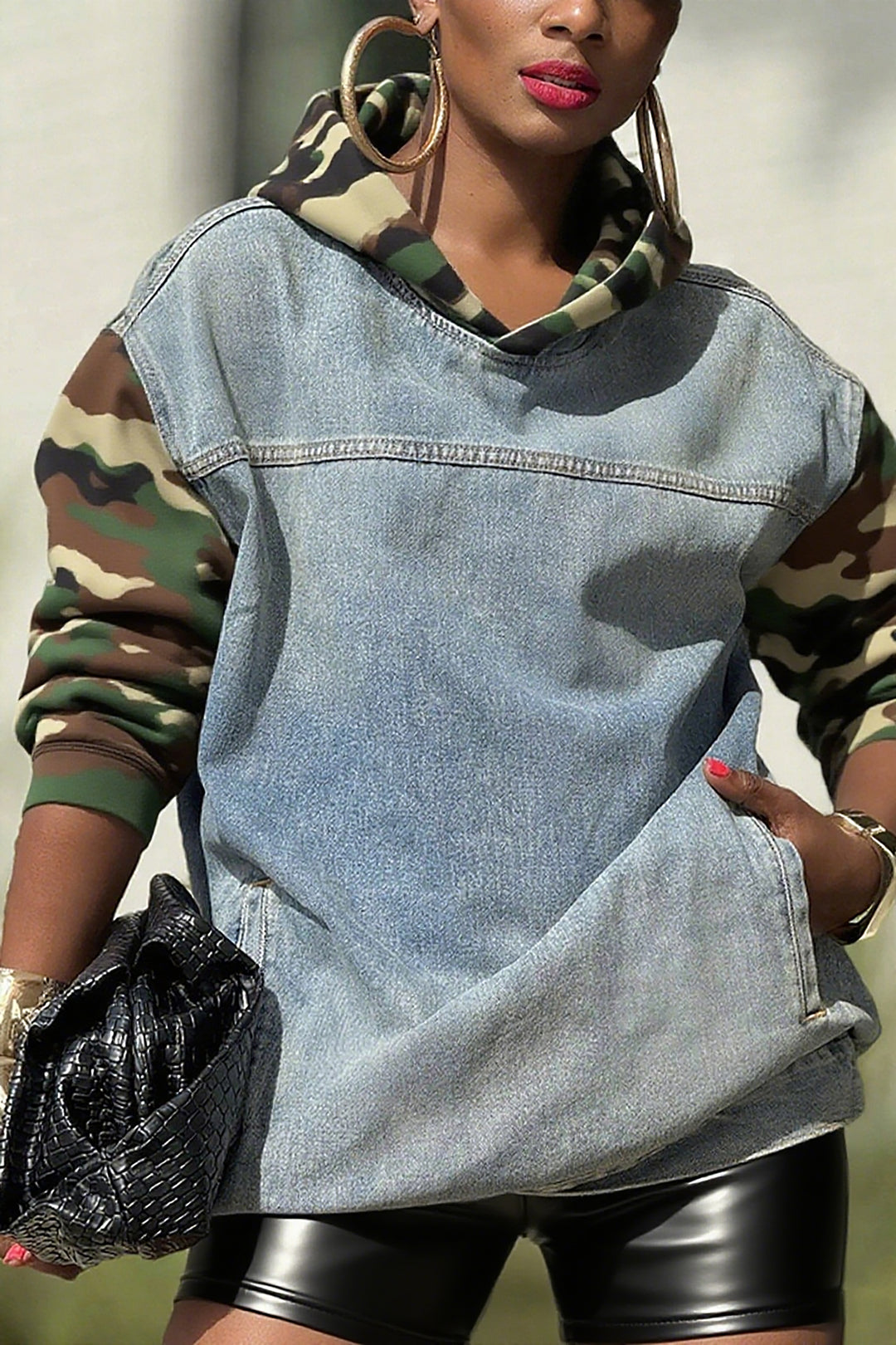 Street Camouflage Patchwork Washed Denim Hoodie