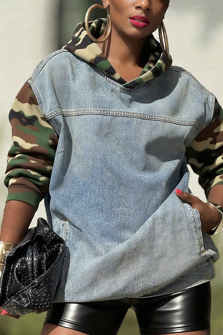 Street Camouflage Patchwork Washed Denim Hoodie