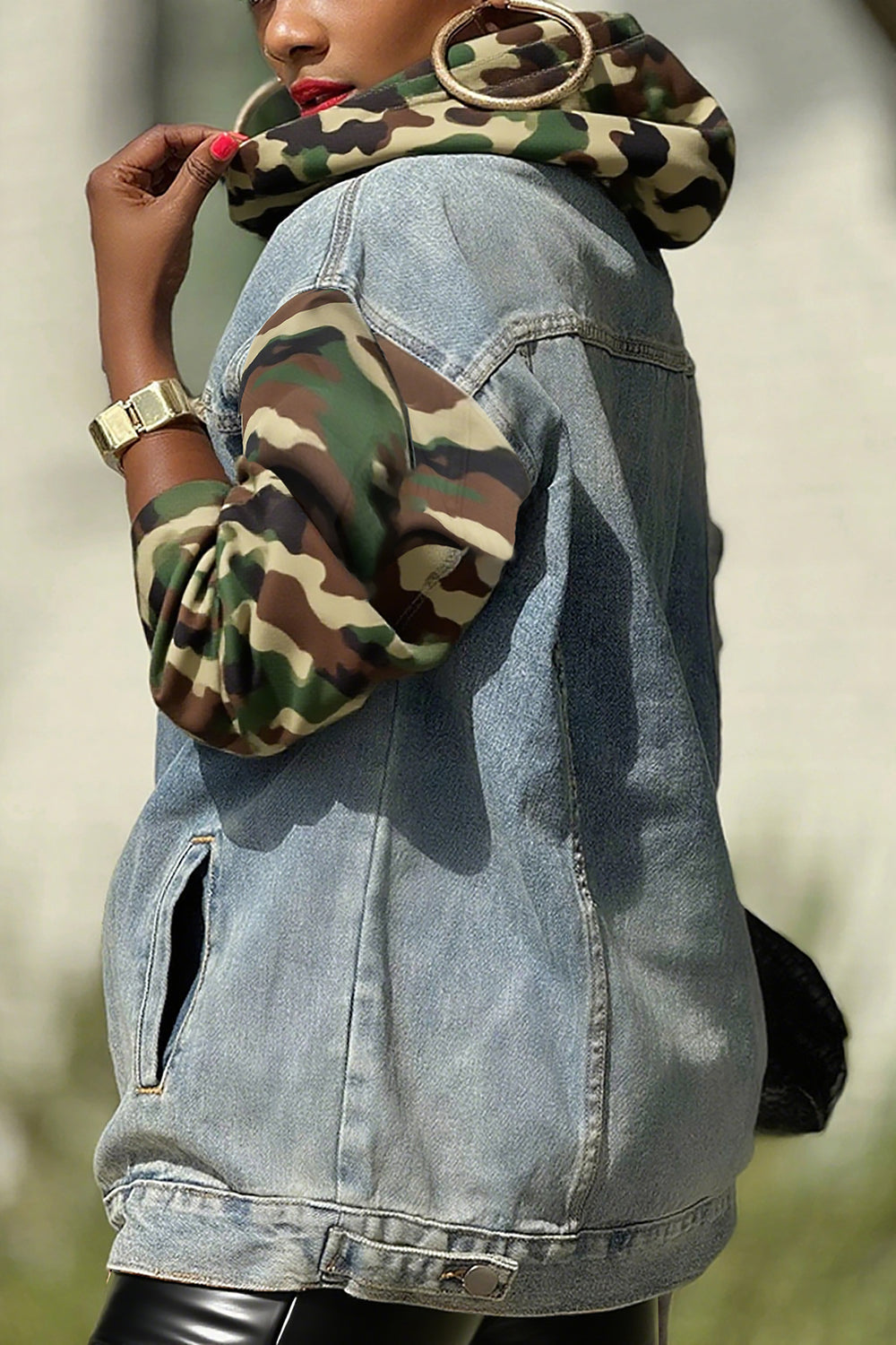 Street Camouflage Patchwork Washed Denim Hoodie