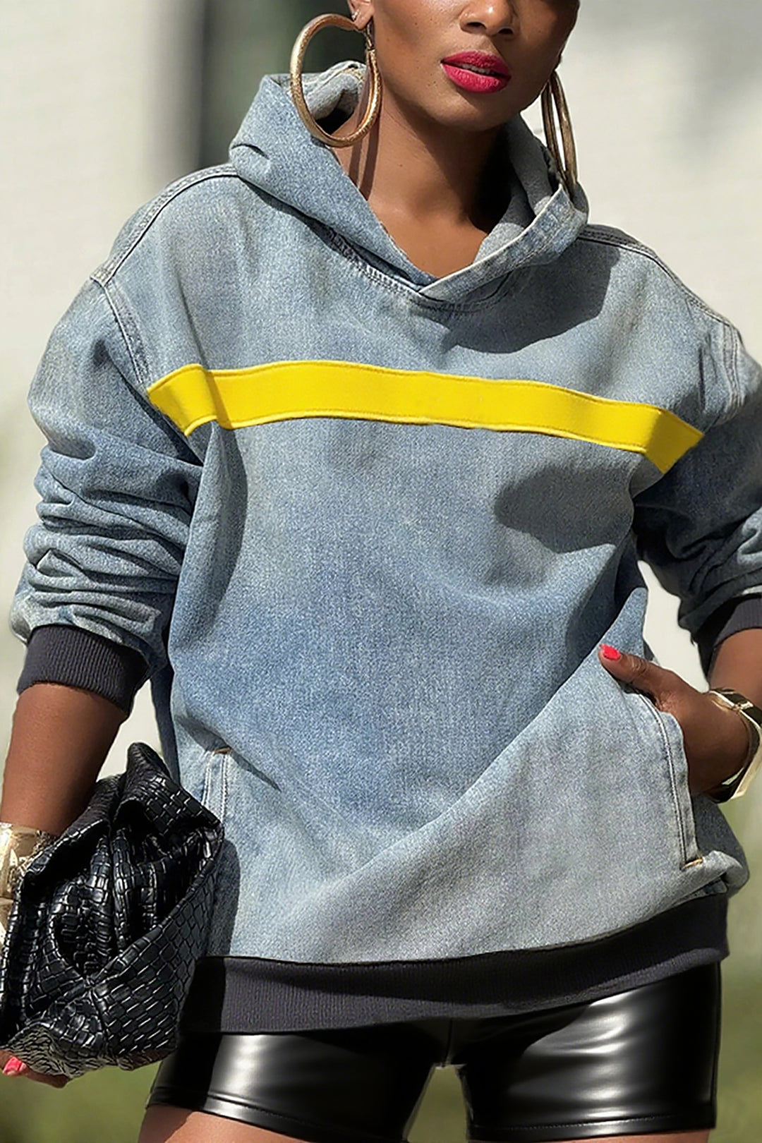 Sports Webbing Ribbed Washed Denim Hoodie