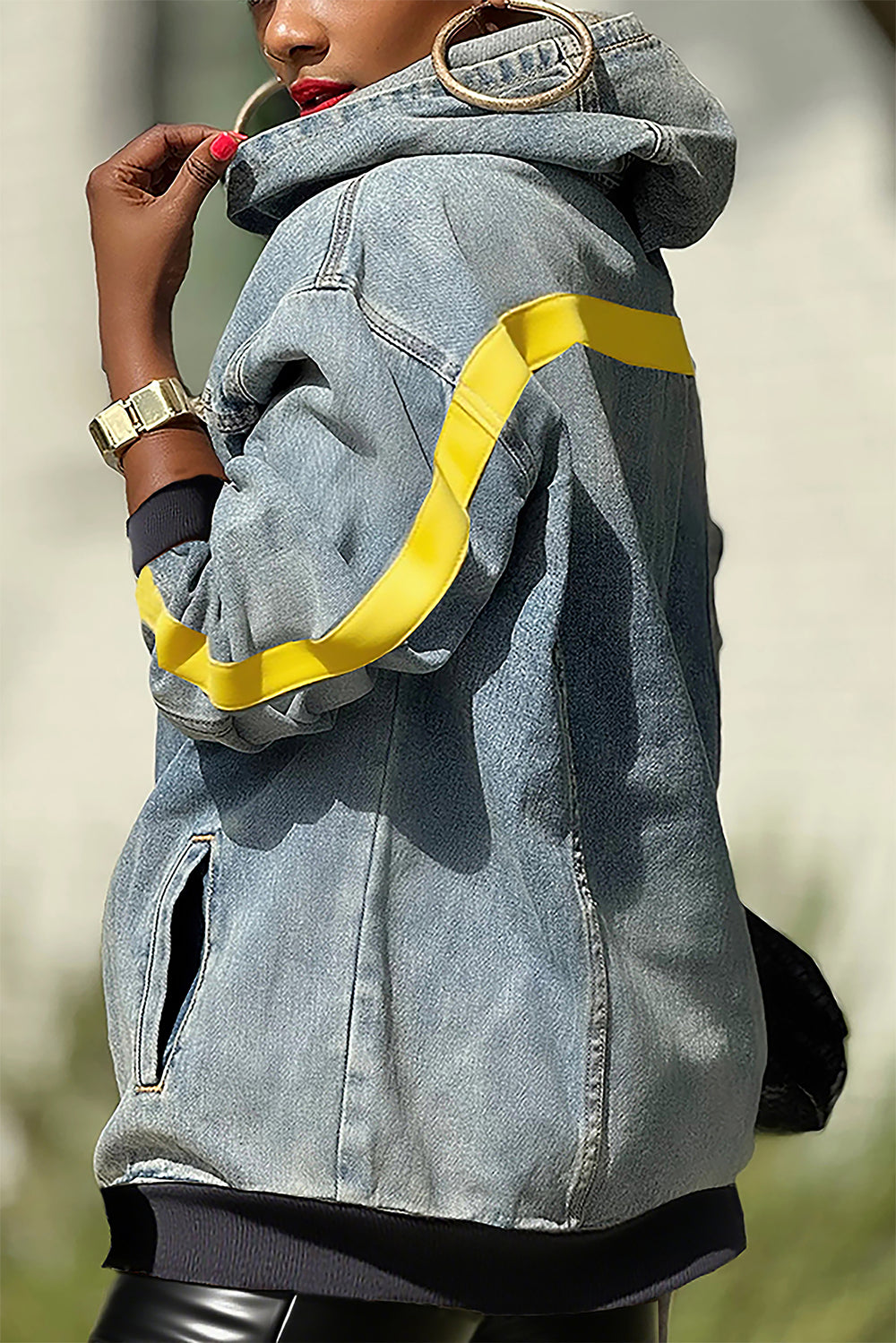 Sports Webbing Ribbed Washed Denim Hoodie