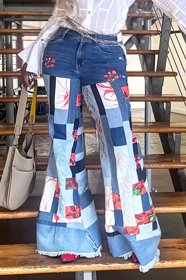 Stylish Colorblock Natural Print Raw Edge Flared Jeans